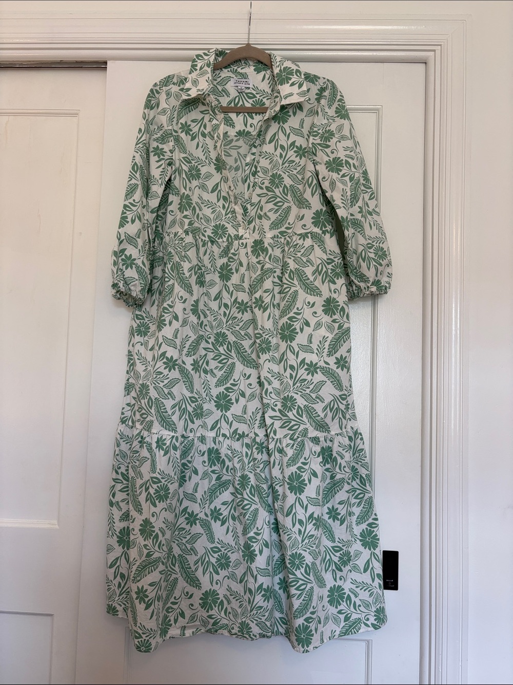 Tahari White Maxi Dress with Green Botanical Print